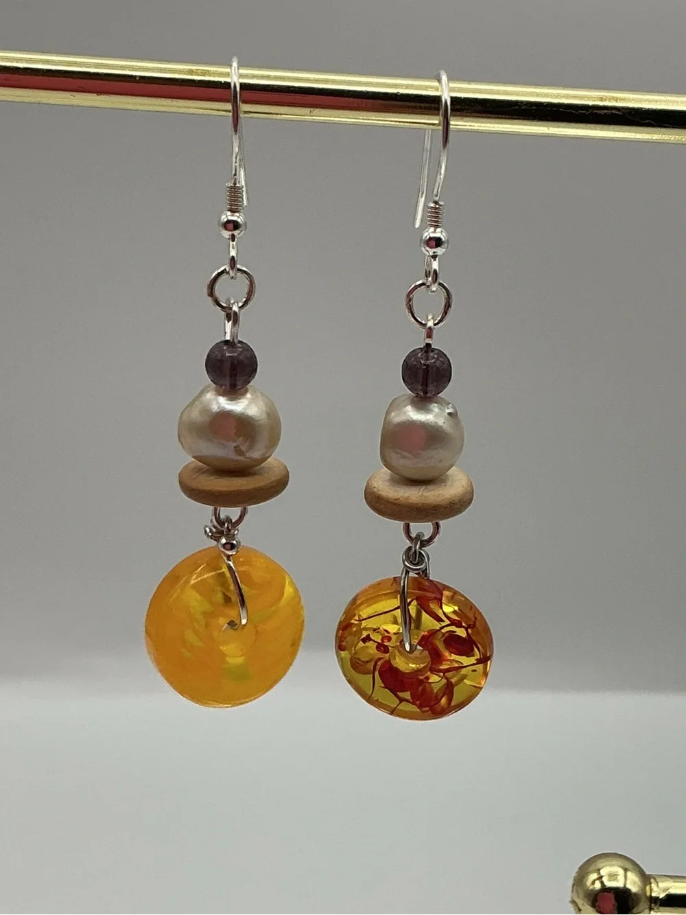 Amber Drop Earrings with Pearl and Quartz Accents